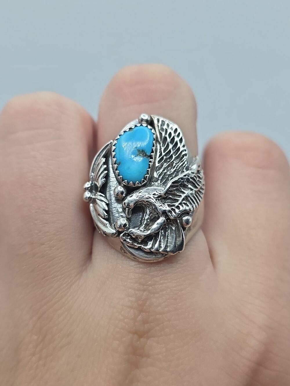 Native American Sterling Silver 925 Turquoise With American Eagle Ring Size 10.5